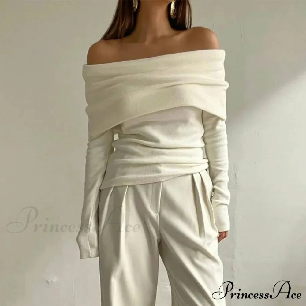 Off-Shoulder Sleek Long Sleeve Pleated Jumper Apricot / S swraters-241228