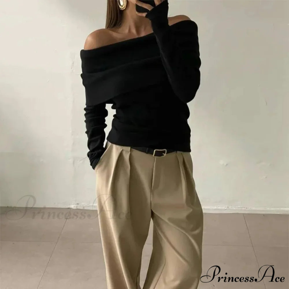 Off-Shoulder Sleek Long Sleeve Pleated Jumper Black / S swraters-241228