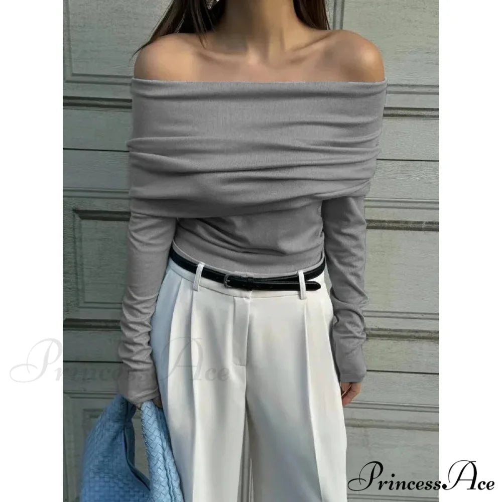 Off-Shoulder Sleek Long Sleeve Pleated Jumper GRAY / S swraters-241228