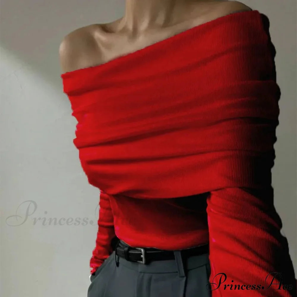 Off-Shoulder Sleek Long Sleeve Pleated Jumper Red / S swraters-241228