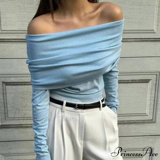 Off-Shoulder Sleek Long Sleeve Pleated Jumper SKY BLUE / S swraters-241228