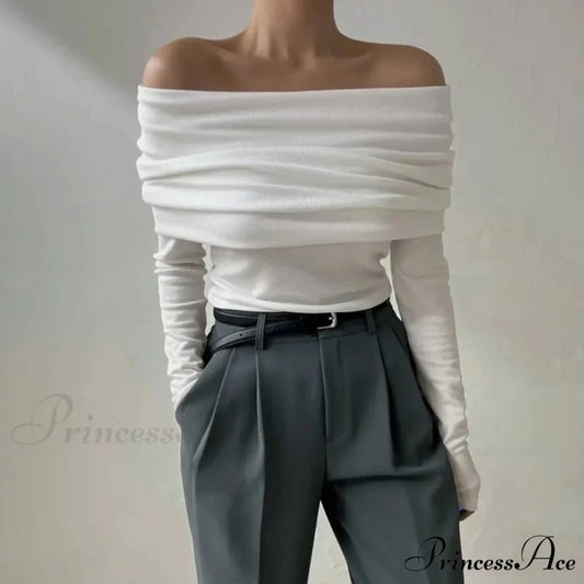 Off-Shoulder Sleek Long Sleeve Pleated Jumper swraters-241228