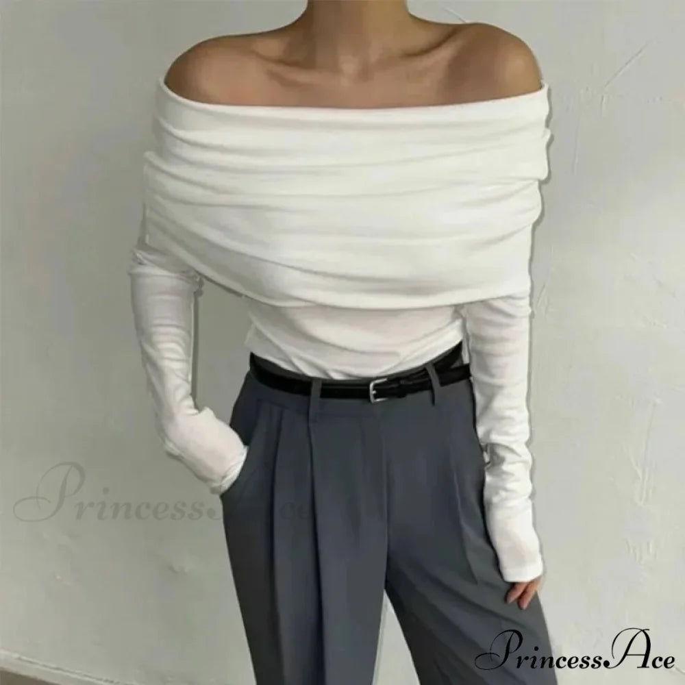 Off-Shoulder Sleek Long Sleeve Pleated Jumper WHITE / S swraters-241228