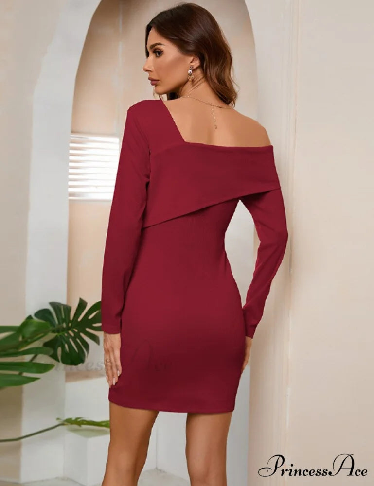 Off Shoulder Solid Full Sleeve Office Dress with Half Open Collar L / WHITE