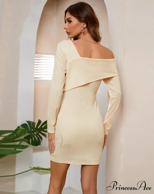 Off Shoulder Solid Full Sleeve Office Dress with Half Open Collar S / BLACK