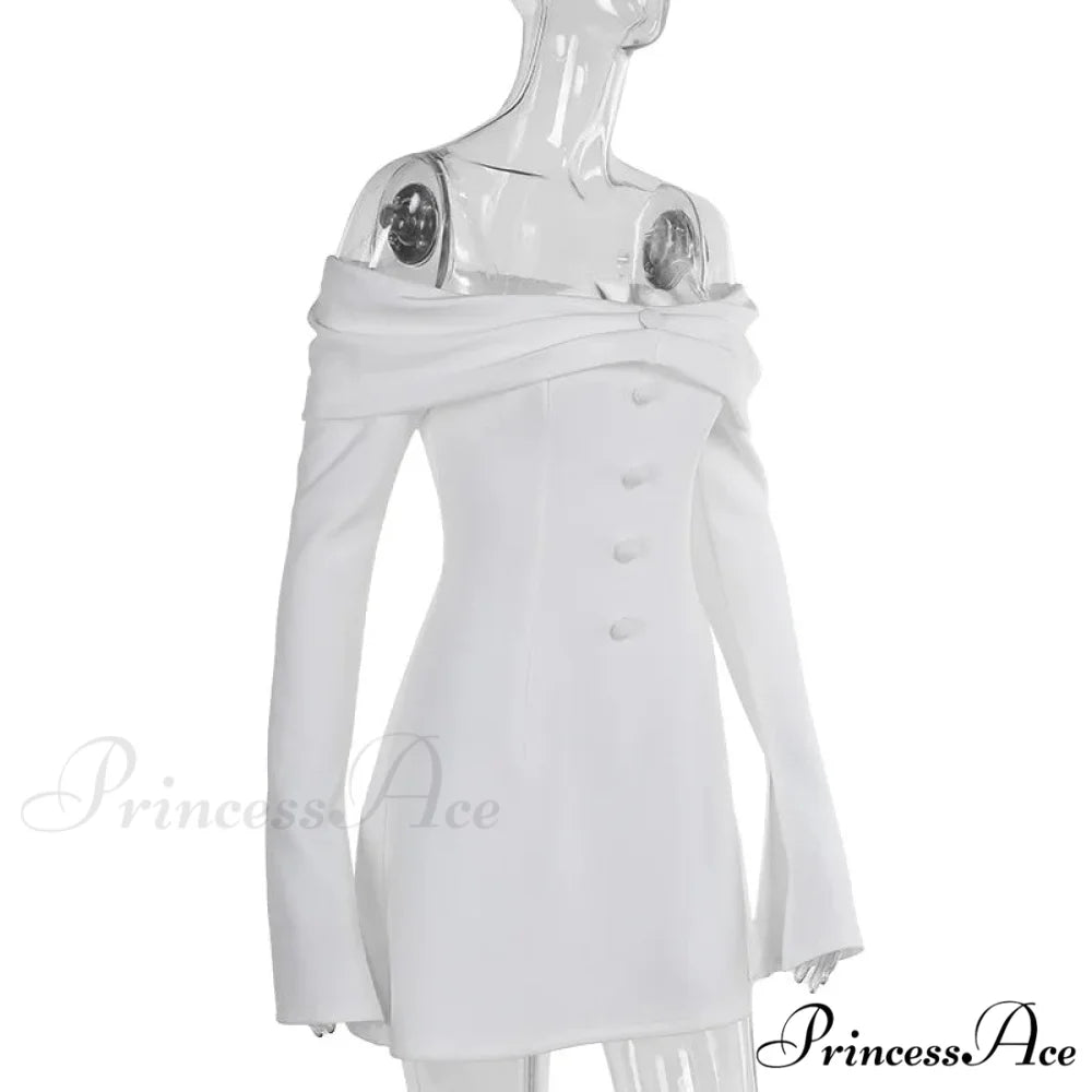 Off-Shoulder Solid Long Charming Sleeve Buttoned Mini Dress