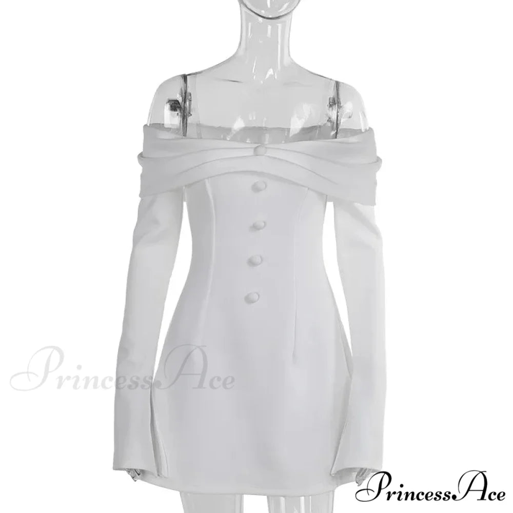 Off-Shoulder Solid Long Charming Sleeve Buttoned Mini Dress
