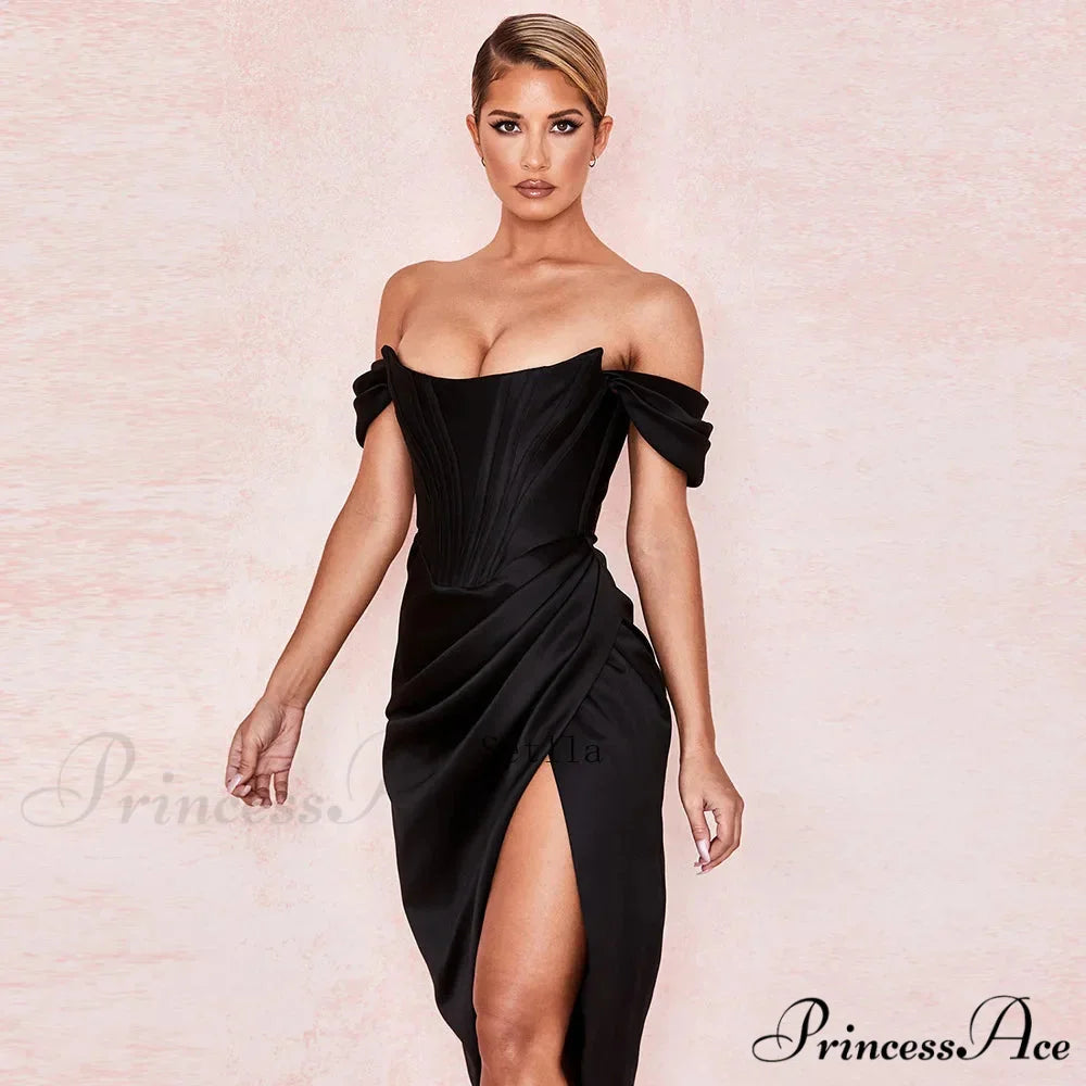 Off Shoulder Split Corset Midi Dress