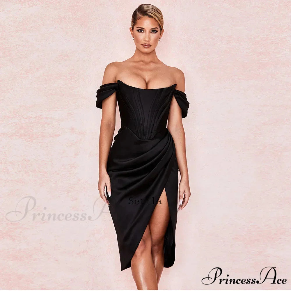 Off Shoulder Split Corset Midi Dress