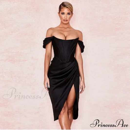 Off Shoulder Split Corset Midi Dress Black / S