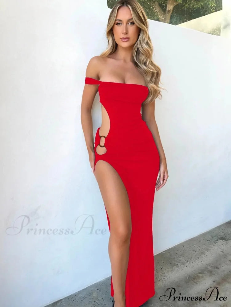 Off Shoulder Split Sleeveless Gown Vestido Sexy Maxi Dress Red / XS