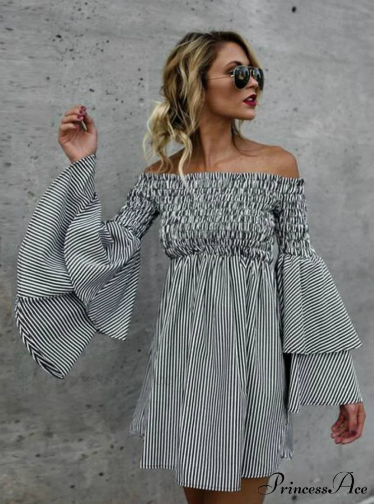 Off Shoulder Stripe Party Casual Dress with Long Sleeves for Women