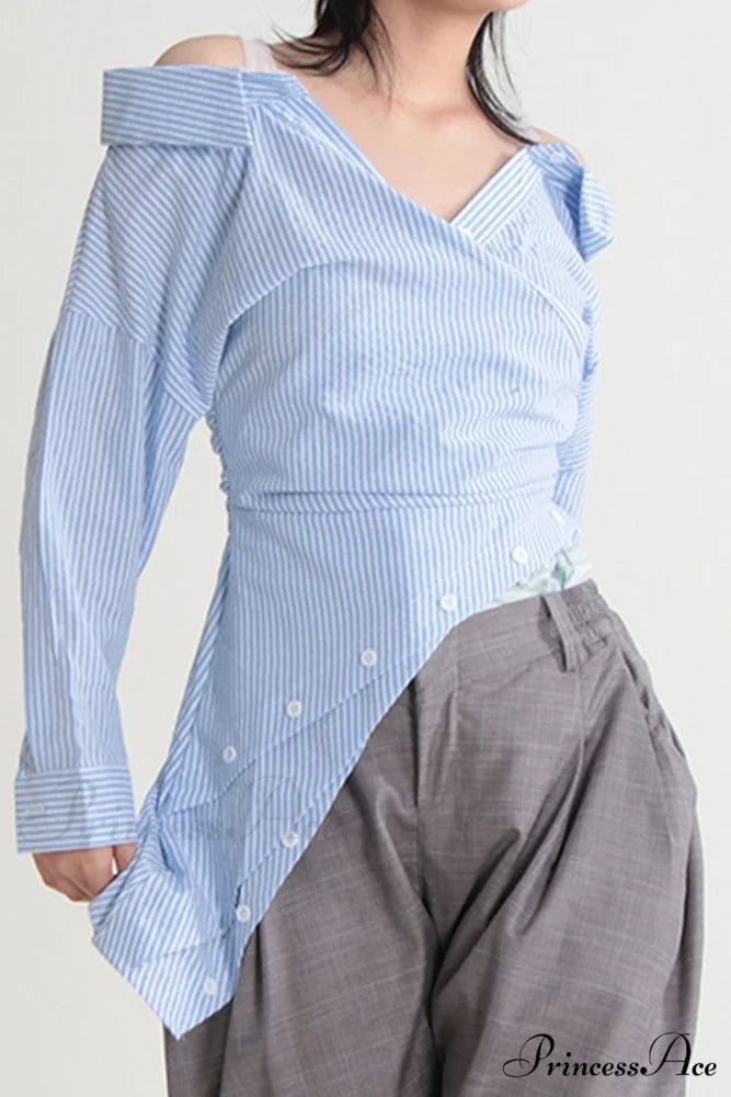 Off Shoulder Striped Blouse with Irregular Long Sleeves Blue / L