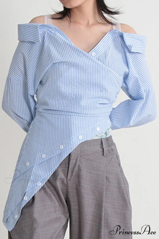 Off Shoulder Striped Blouse with Irregular Long Sleeves Blue / M