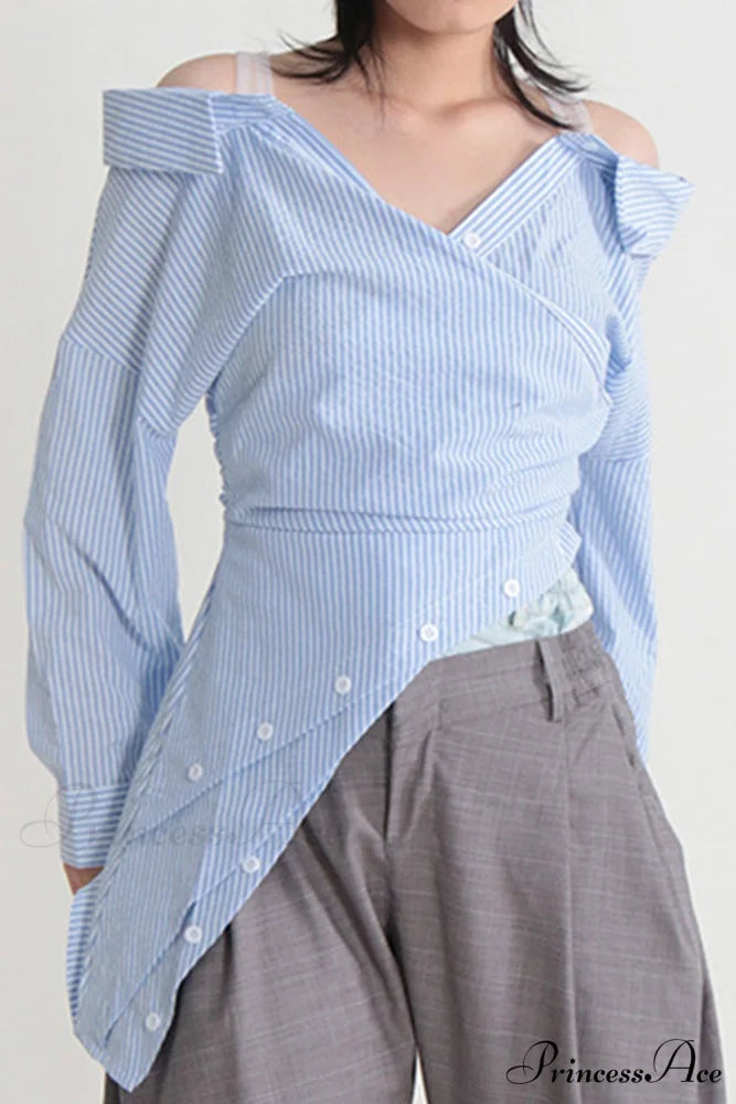Off Shoulder Striped Blouse with Irregular Long Sleeves Blue / XL