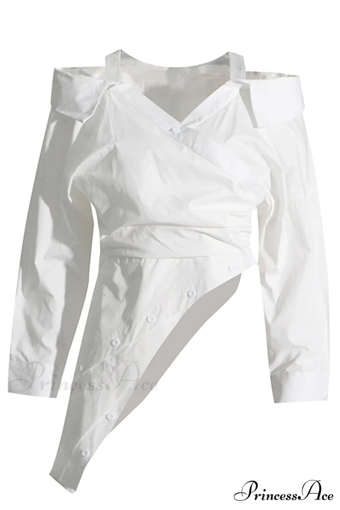 Off Shoulder Striped Blouse with Irregular Long Sleeves White / S