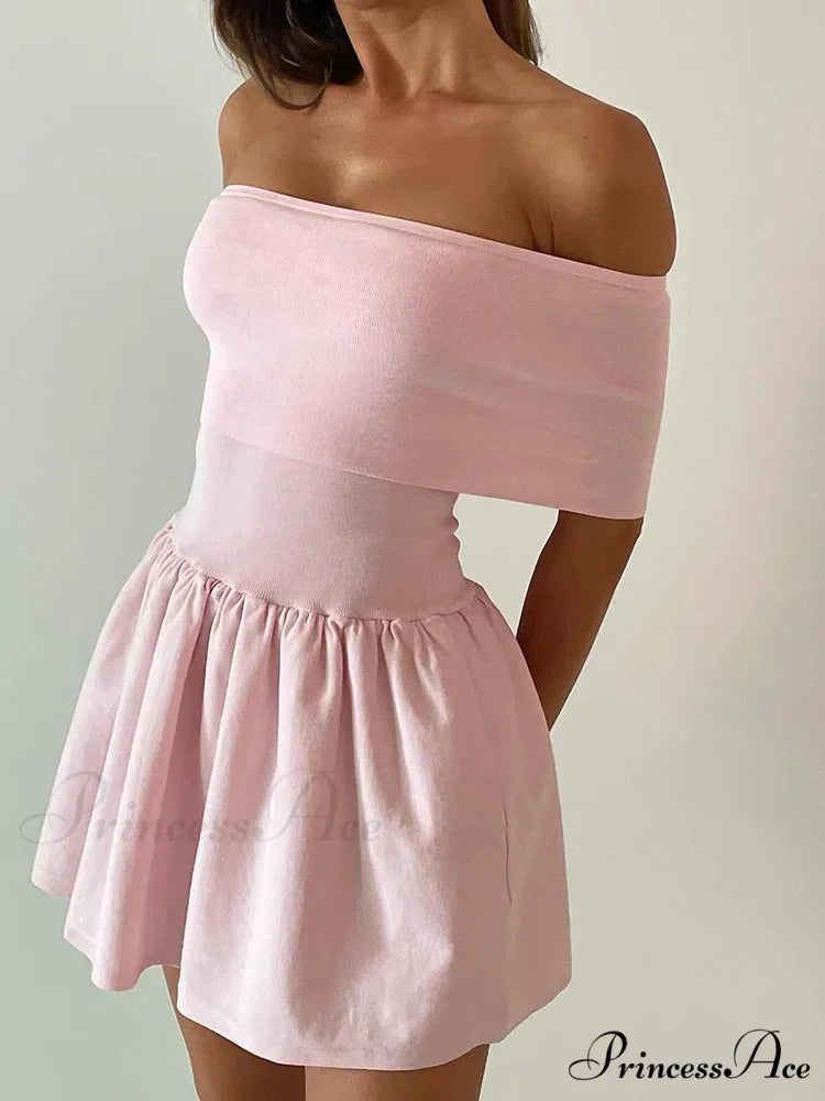 Off Shoulder Stylish Pleated Mini Dress Pink / M