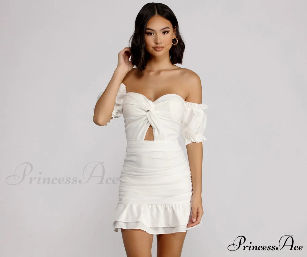 Off Shoulder Stylish Ruffle Mini Dress WHITE / S