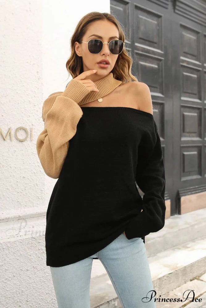 Off Shoulder Sweater with Contrast Colors Black / L
