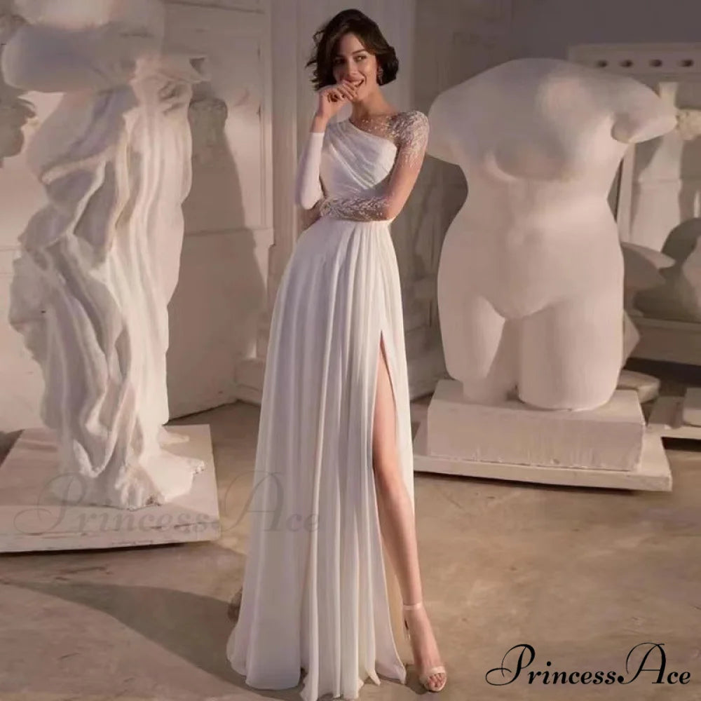 Off-Shoulder Tall Split Long Gown Marriage Attire lvory white / 2 weddingdress-250223