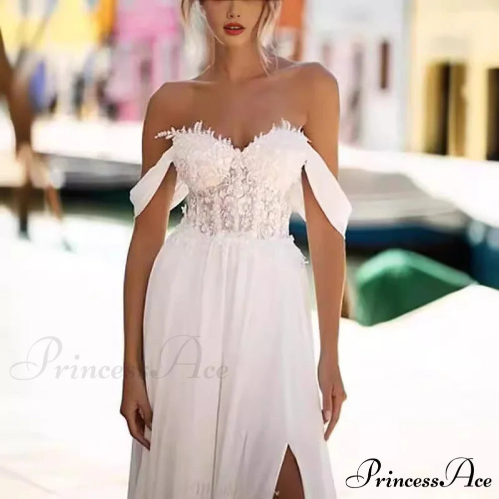 Off-Shoulder Tall Split Long Train Wedding Gown weddingdress-250223