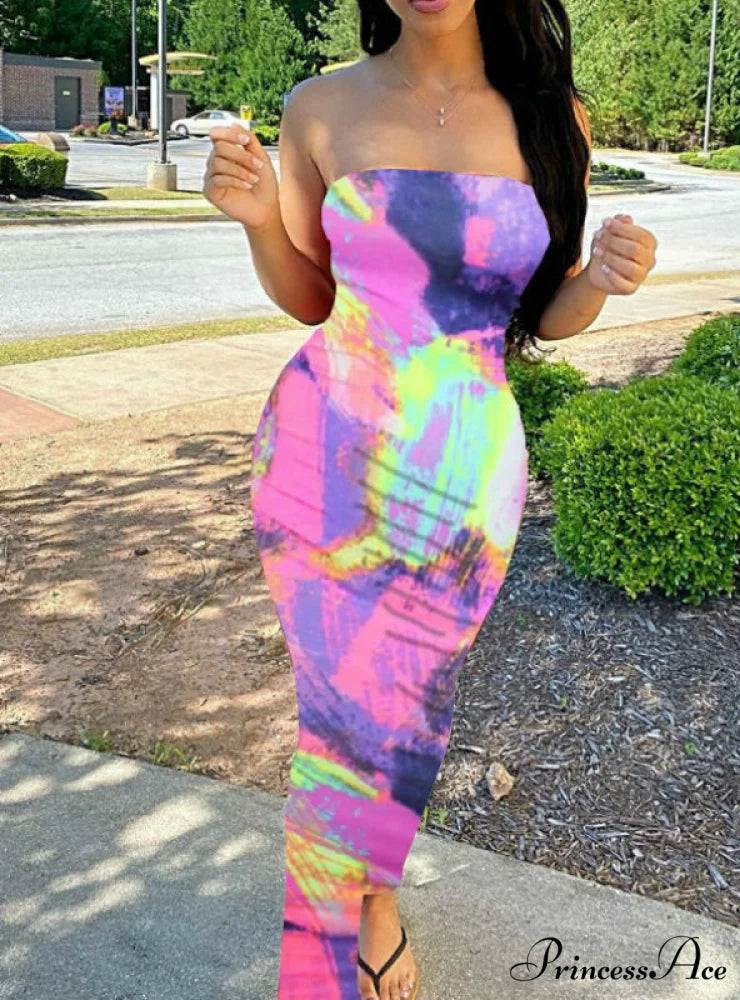Off Shoulder Tie Dye Bodycon Dress for Women L / PINK