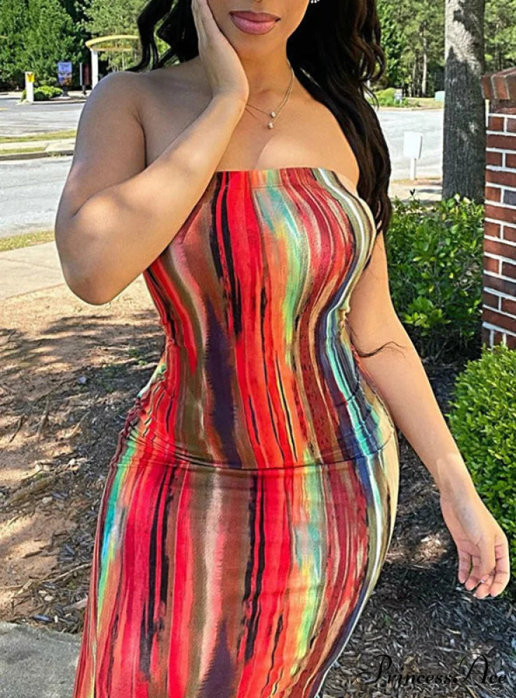 Off Shoulder Tie Dye Bodycon Dress for Women L / RED