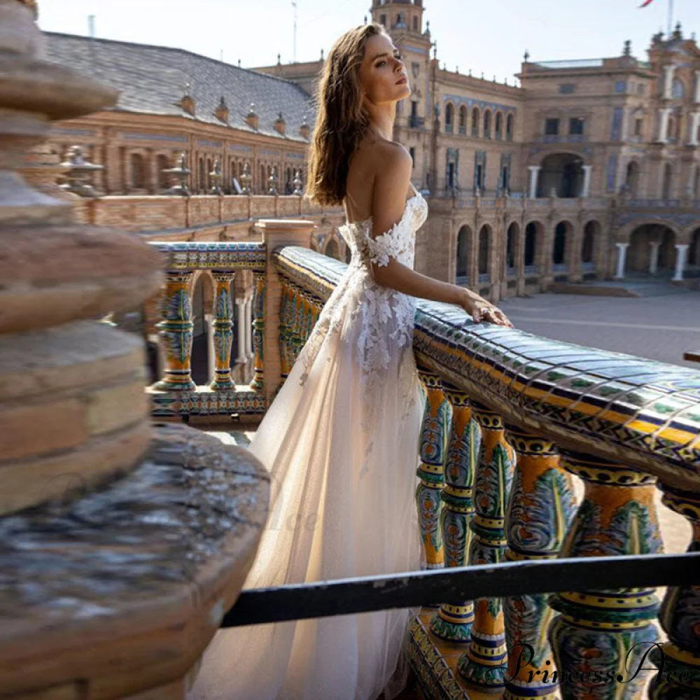 Off-Shoulder Transparent A-Line Wedding Gown lvory white / 2 weddingdress-250223