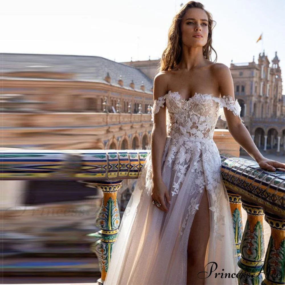 Off-Shoulder Transparent A-Line Wedding Gown weddingdress-250223