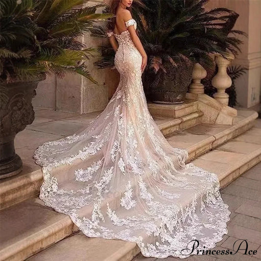 Off-Shoulder Transparent Tulle Bridal Wedding Gown white / 2 weddingdress-250223