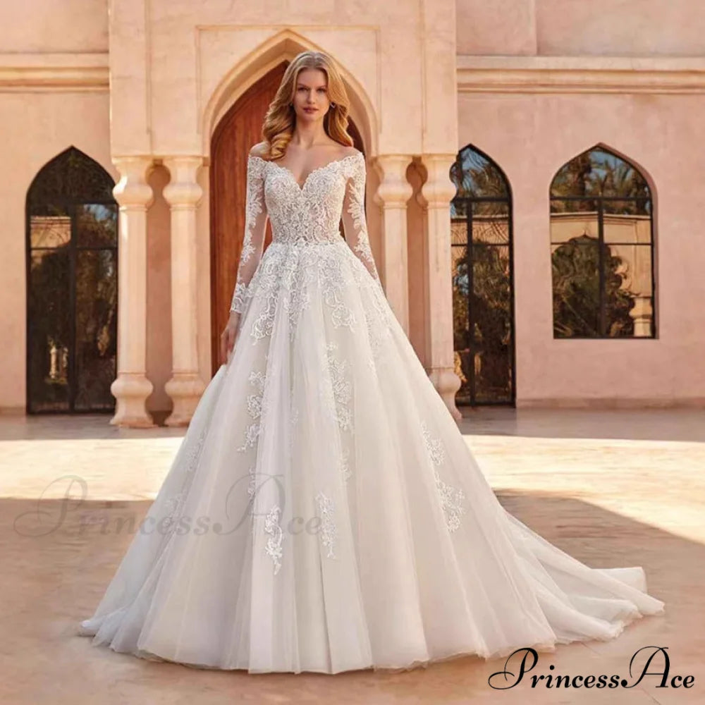 Off-Shoulder V-Neck Wedding Gown weddingdress-250223
