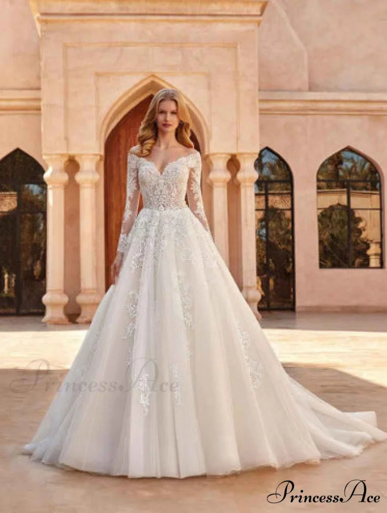 Off-Shoulder V-Neck Wedding Gown white / US 2 weddingdress-250223