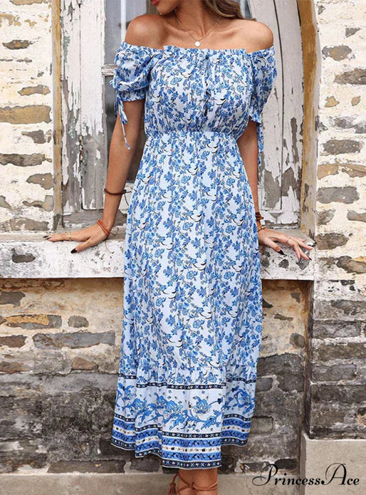 Off The Shoulder Dress with High Waist Print