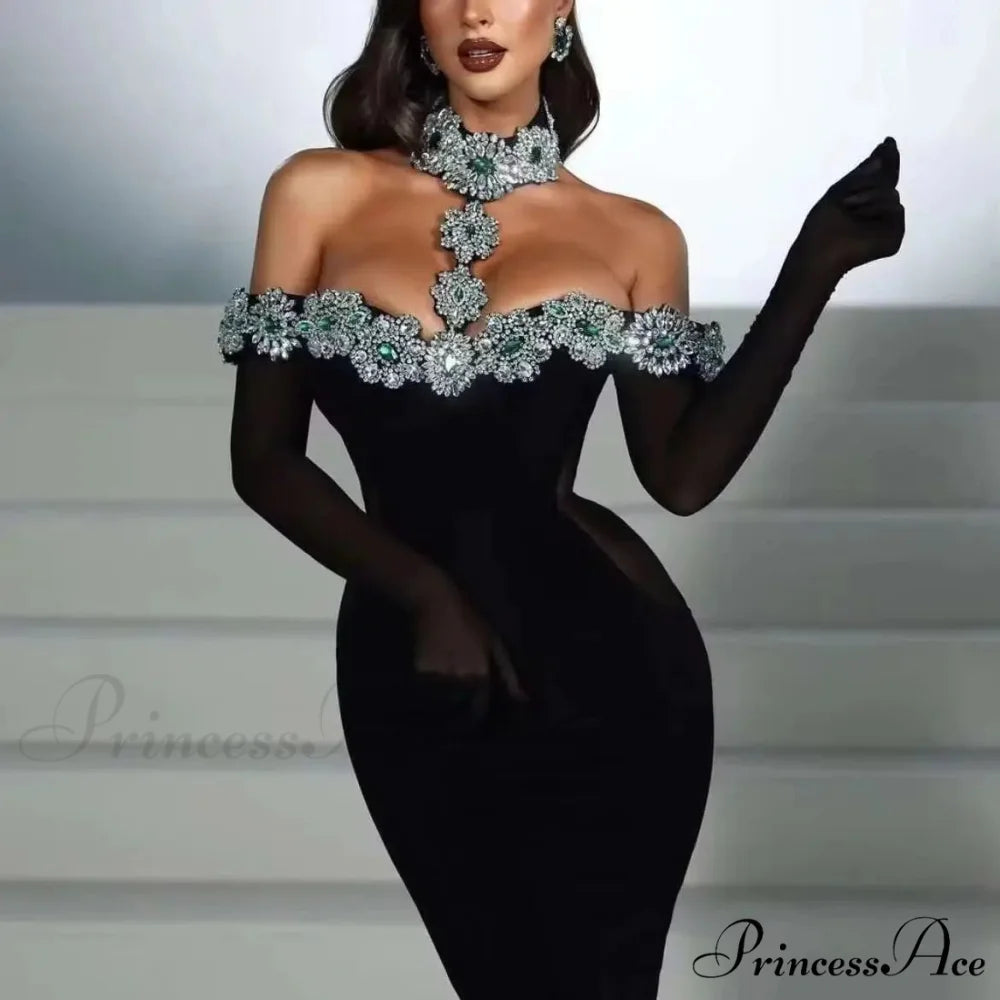 Off-The-Shoulder Halter Ankle-Length Party Dress
