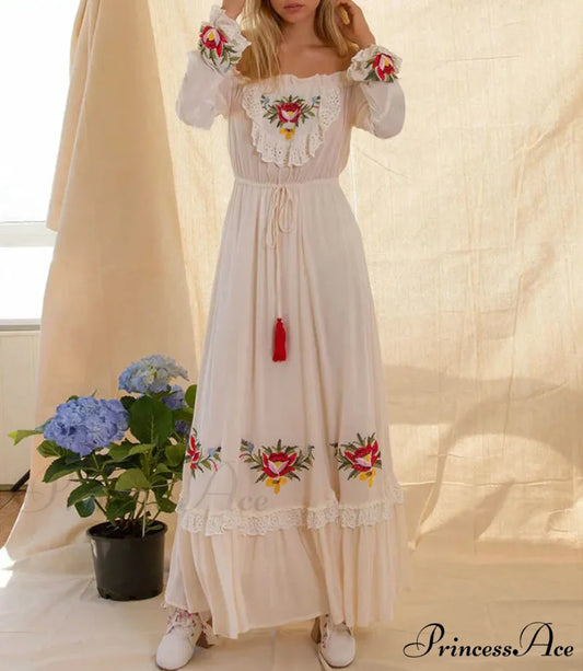 Off The Shoulder Lace Long Dress WHITE / S bohodress-250126