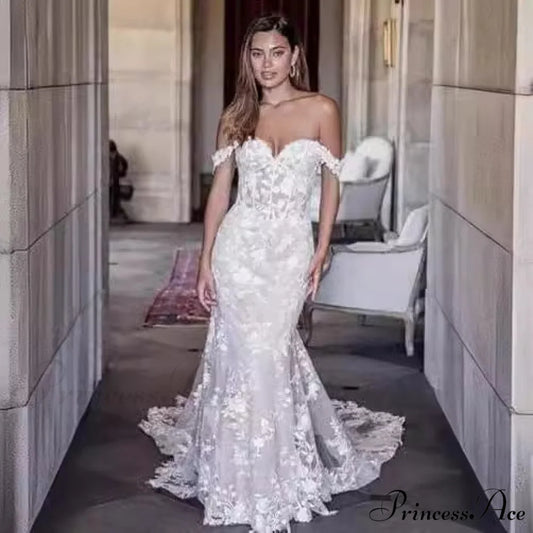 Off-The-Shoulder Lace Mermaid Bridal Wedding Gown lvory white / 2 weddingdress-250223