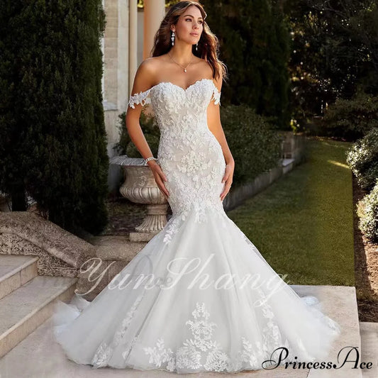 Off-The-Shoulder Lace Mermaid Bridal Wedding Gown lvory white / 2 weddingdress-250223