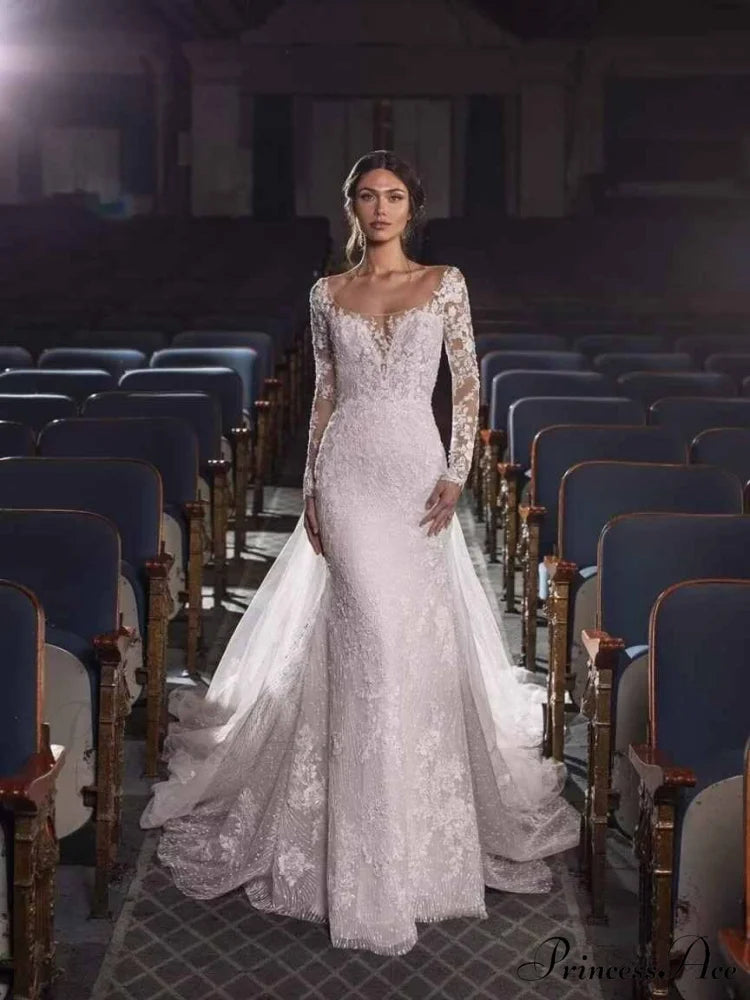 Off-The-Shoulder Lace Mermaid Bridal Wedding Gown lvory white / 2 weddingdress-250223