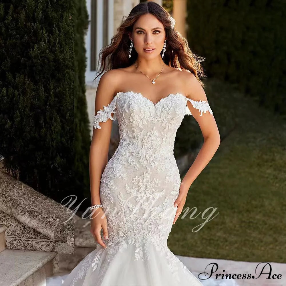 Off-The-Shoulder Lace Mermaid Bridal Wedding Gown weddingdress-250223