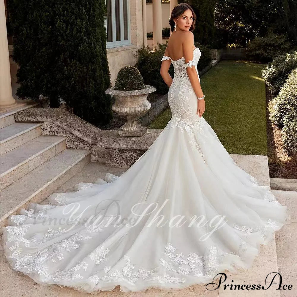 Off-The-Shoulder Lace Mermaid Bridal Wedding Gown White / 2 weddingdress-250223