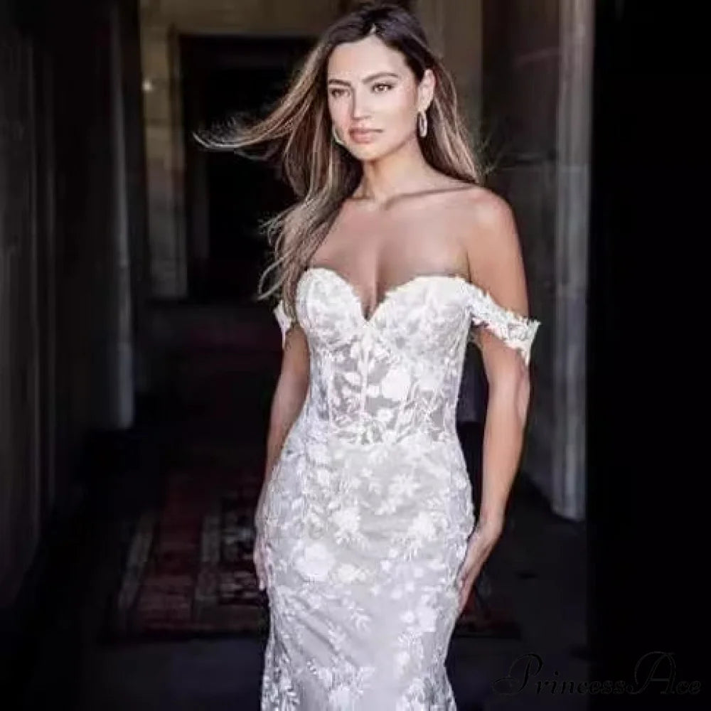 Off-The-Shoulder Lace Mermaid Bridal Wedding Gown white / 2 weddingdress-250223