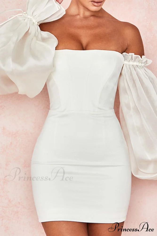 Off-the-Shoulder Mini Dress with Bell Sleeves White / XL