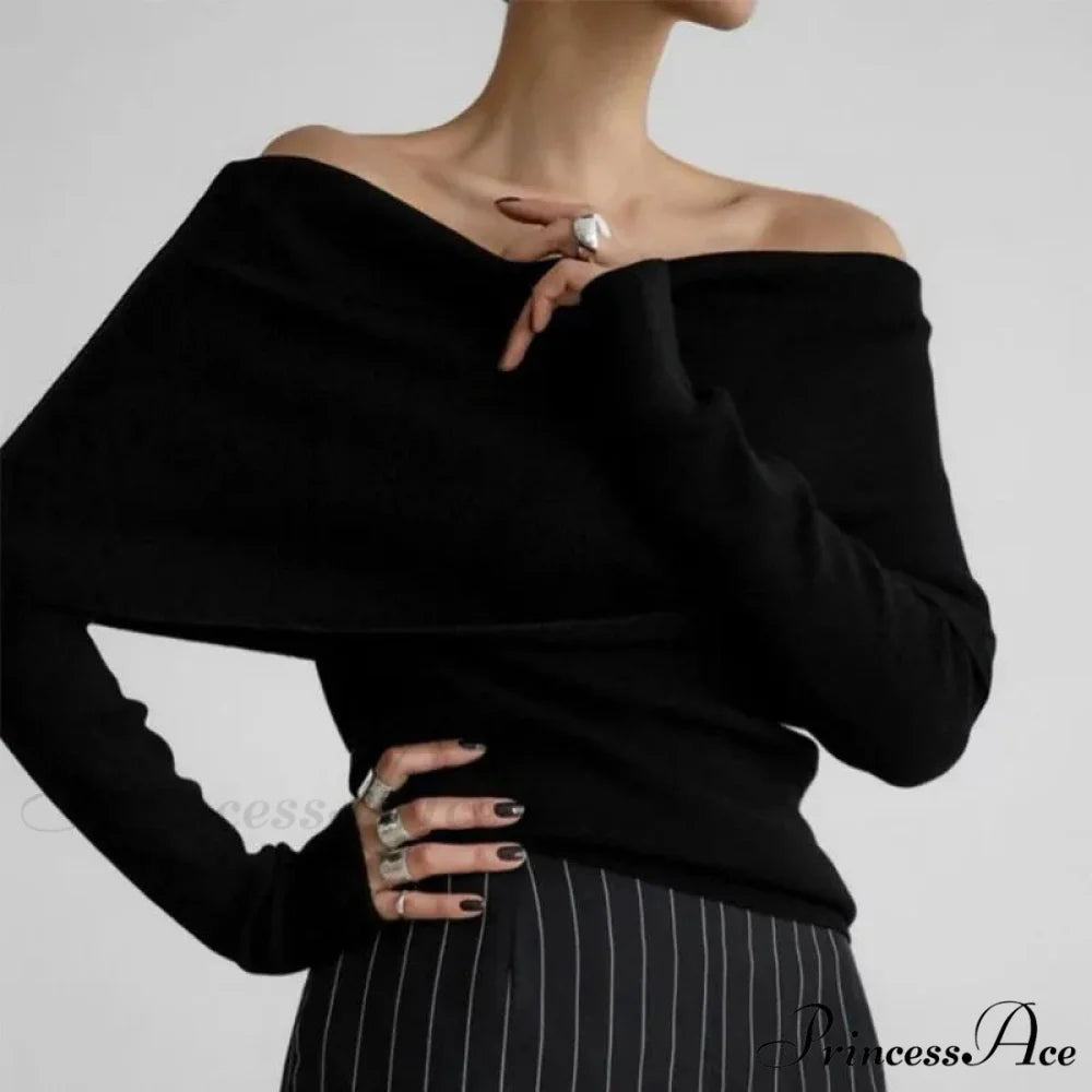 Off-The-Shoulder Monochrome Extended Sleeve Knitted Jumper Black / S swraters-241228