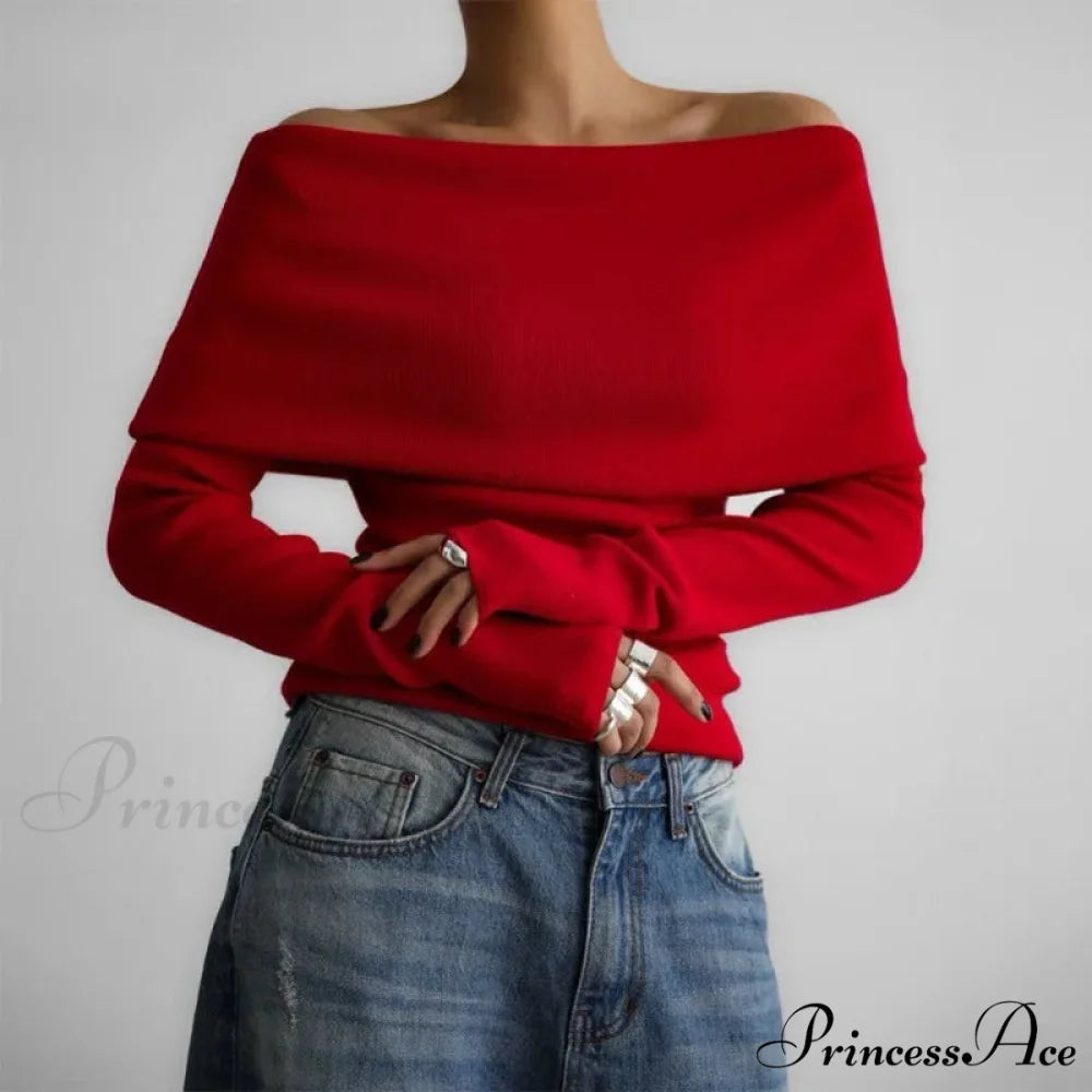 Off-The-Shoulder Monochrome Extended Sleeve Knitted Jumper Red / S swraters-241228