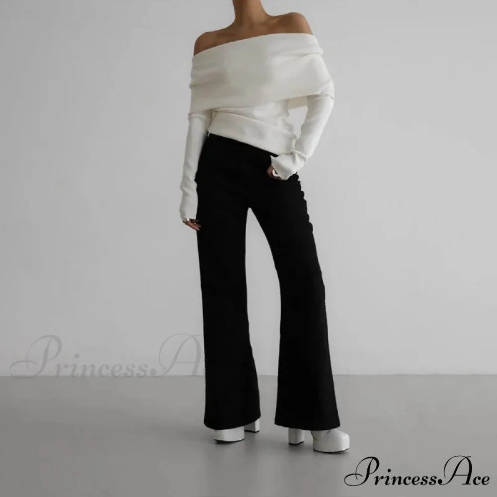 Off-The-Shoulder Monochrome Extended Sleeve Knitted Jumper swraters-241228