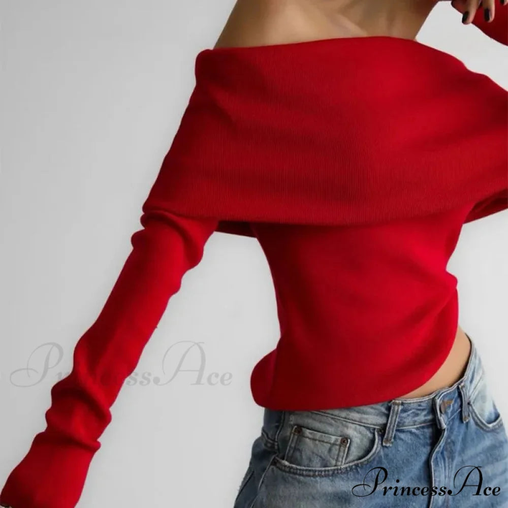 Off-The-Shoulder Monochrome Extended Sleeve Knitted Jumper swraters-241228