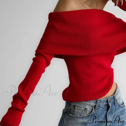 Off-The-Shoulder Monochrome Extended Sleeve Knitted Jumper swraters-241228
