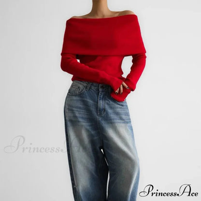 Off-The-Shoulder Monochrome Extended Sleeve Knitted Jumper swraters-241228