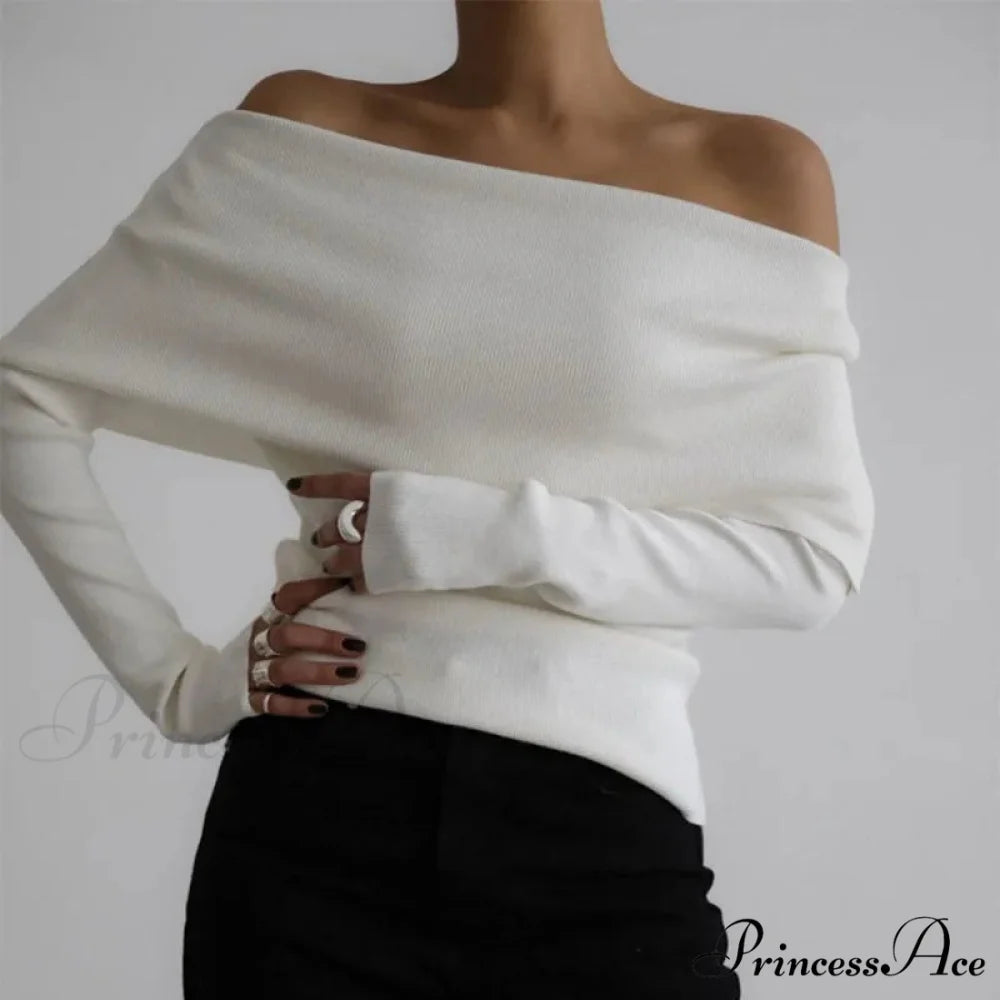 Off-The-Shoulder Monochrome Extended Sleeve Knitted Jumper WHITE / S swraters-241228