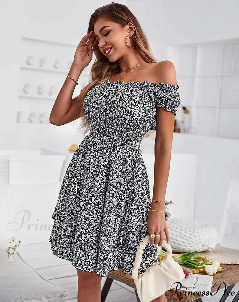 Off The Shoulder Print Dress for Summer M / black
